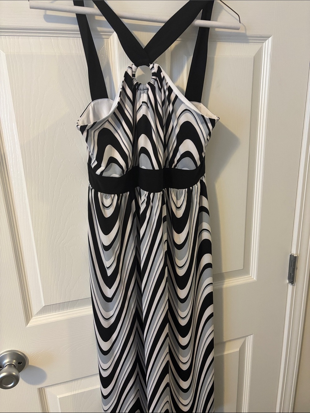 Emma & Michele Black and White Halter Maxi Dress with Swirl Print